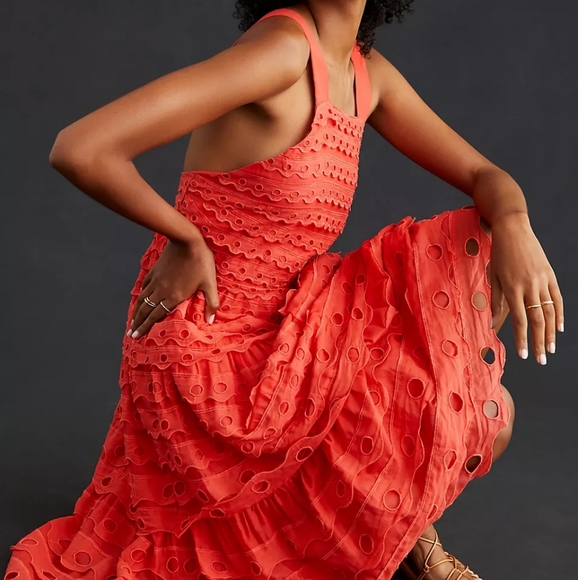 Anthropologie Dresses & Skirts - Anthropologie Dress Maeve Red Eyelet Halter Midi Dress Size 4 NWT Cotton